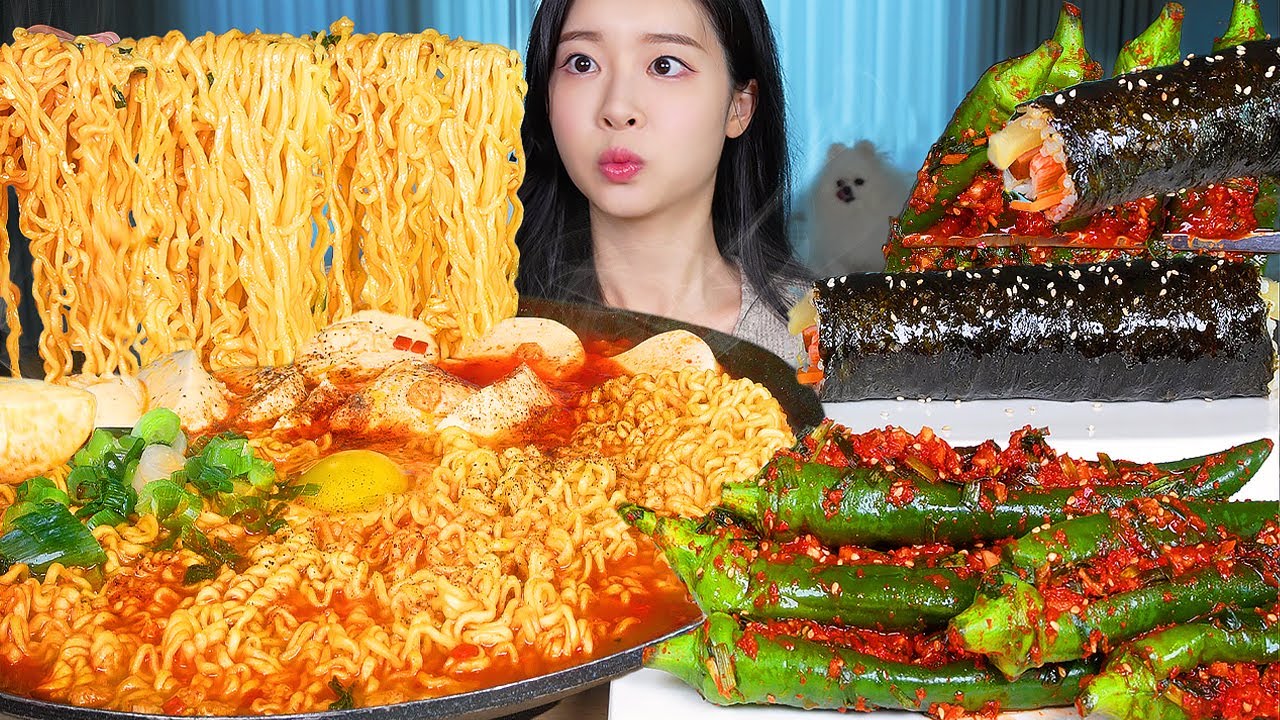 ASMR MUKBANG | Мягкий тофу-рамён Shin Gold ★ Цельный кимбап и острое кимчи с перцем чили 🌶️