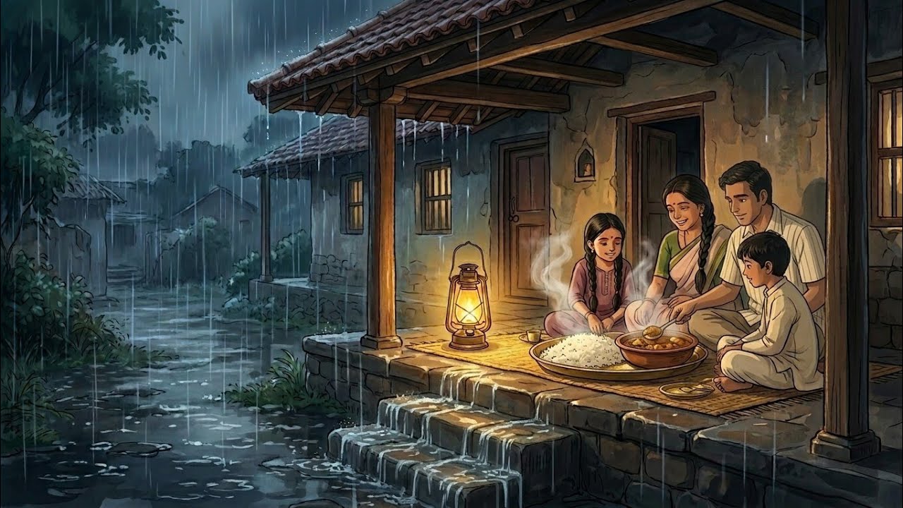 Heavy Rain in an Indian Village 🌧️ | Cozy Family Life| Ghibli-Style Rainy Story