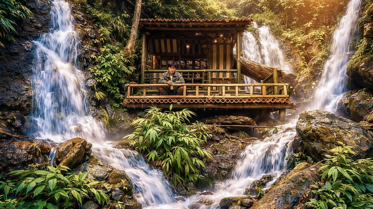 Primitive Skills: Building a Secret Bamboo House Under a Waterfall | Survival Life