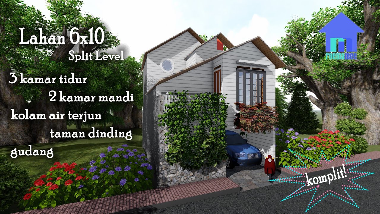 Desain RUMAH MINIMALIS 6x10 meter SPLIT LEVEL 3 KAMAR TIDUR KOLAM AIR TERJUN fasilitas KOMPLIT -eps1
