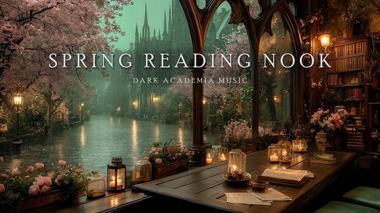 Cozy Gothic Reading Nook on a Spring Evening | Melancholy Piano with Rain Sounds | Dark Academia