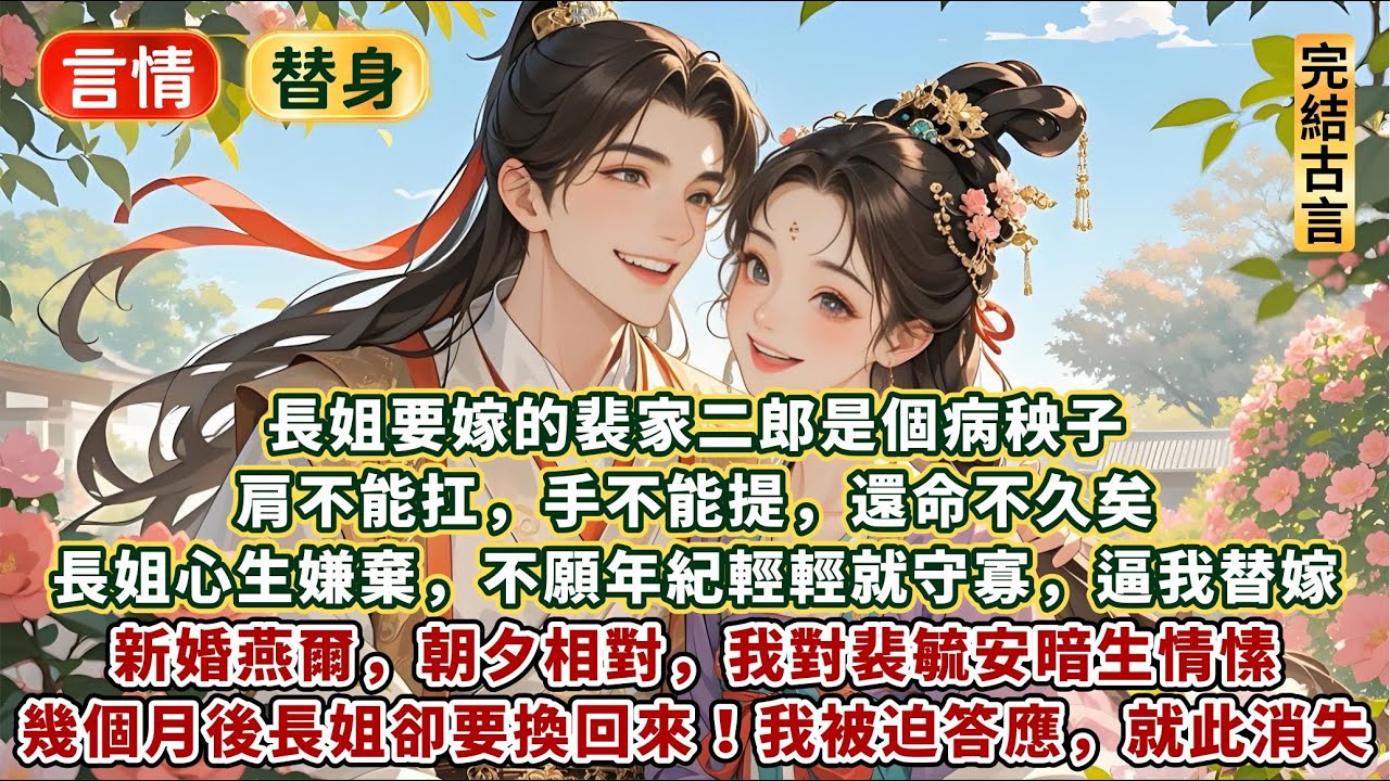 完結替嫁遇真愛甜文：長姐要嫁的裴家二郎是個病秧子。肩不能扛手不能提，命不久矣。長姐心生嫌棄，不願年紀輕輕就守寡，逼我替嫁。新婚燕爾朝夕相對，我對裴毓安暗生情愫。幾月後長姐卻要換回來，我被迫答應就此消失