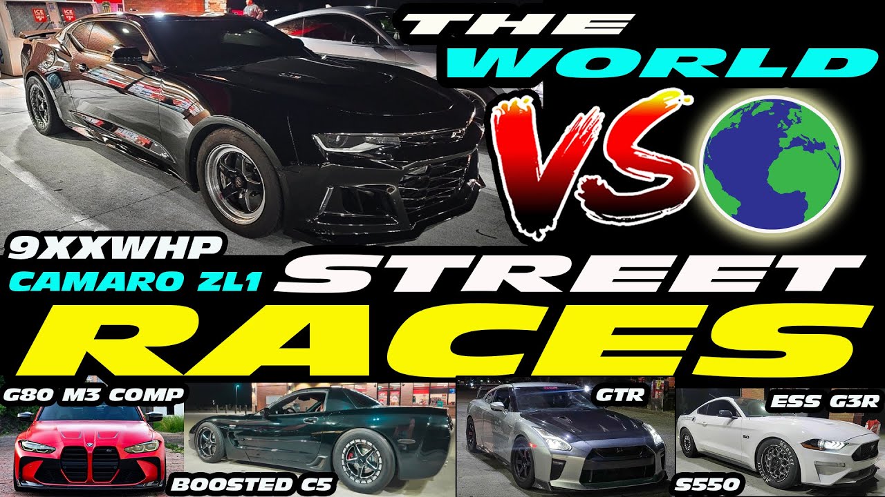 STREET RACES 9XXWHP CAMARO ZL1 VS 9XXWHP SUPERCHARGED C5 Z06, G80 M3, WHIPPLE HELLCAT, ESS MUSTANG