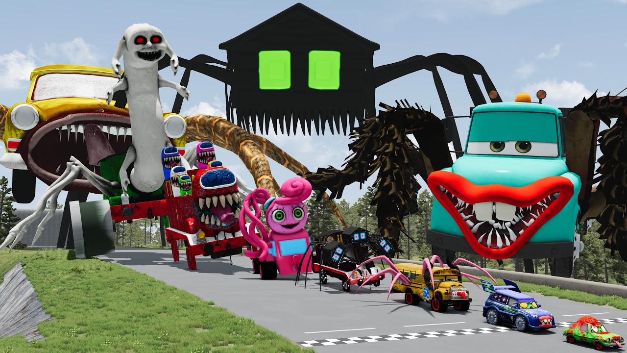 ALL MONSTERS Big & Small Cars vs Downhill Madness with CAR EATER & House Hear  MCqueen!