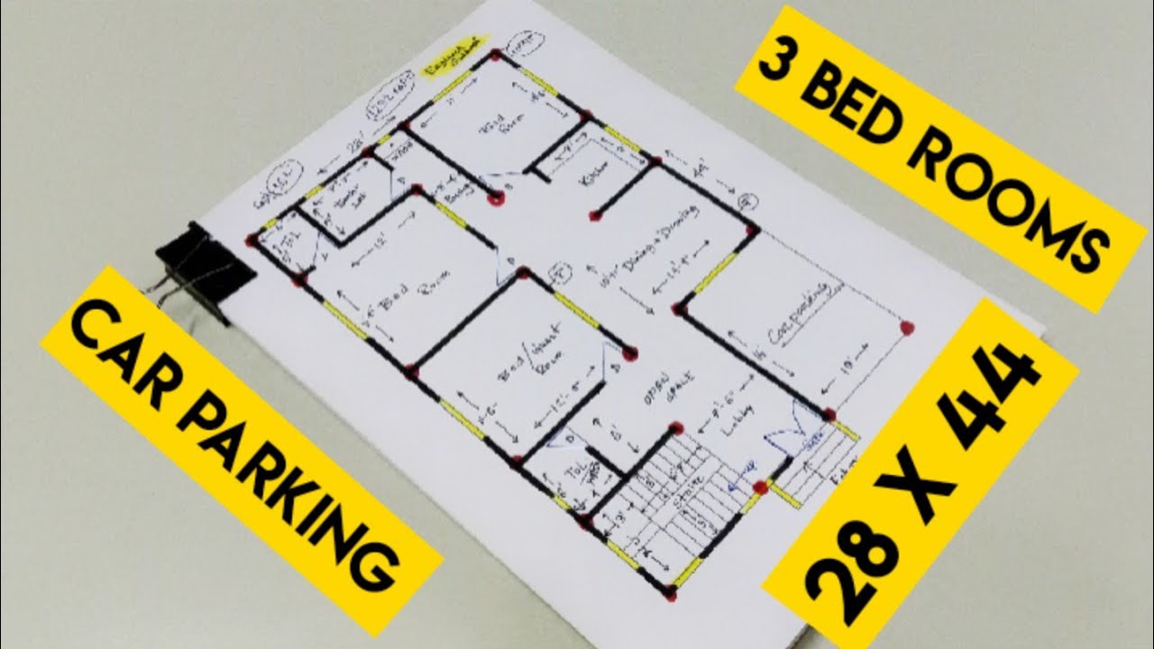 28 by 44 sqft 3 bed room house plan with car parking II 3 bhk house plan II 28 x 44 ghar ka naksha