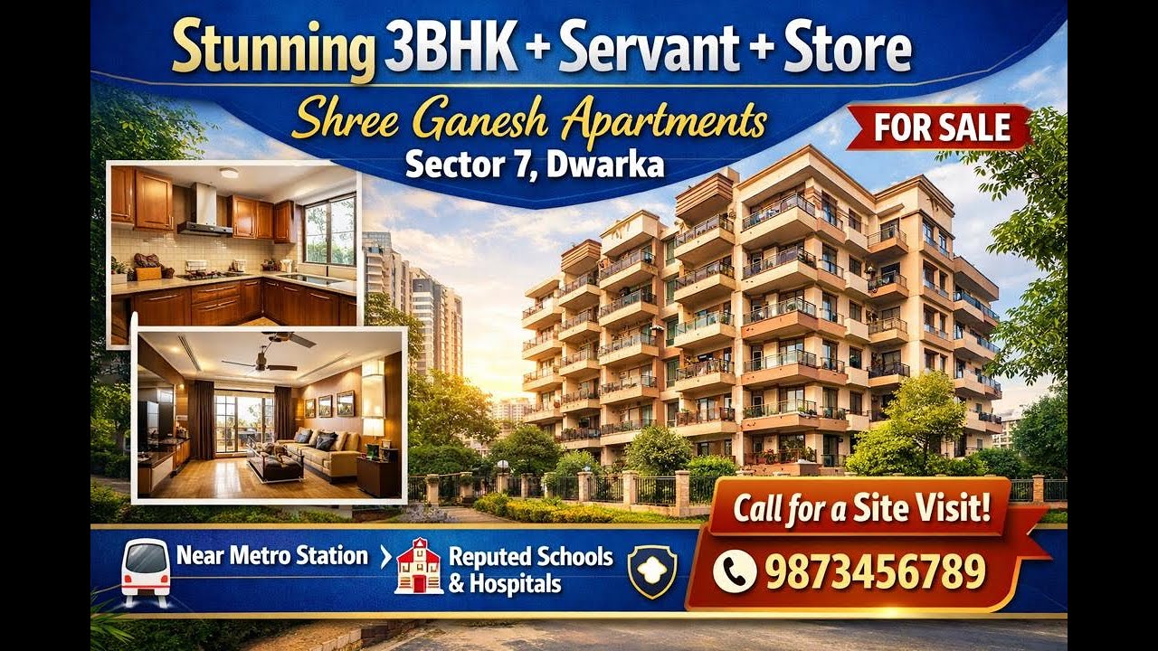 Stunning 3BHK + Servant + Store in Sector 7, Dwarka | Shree Ganesh Apartments