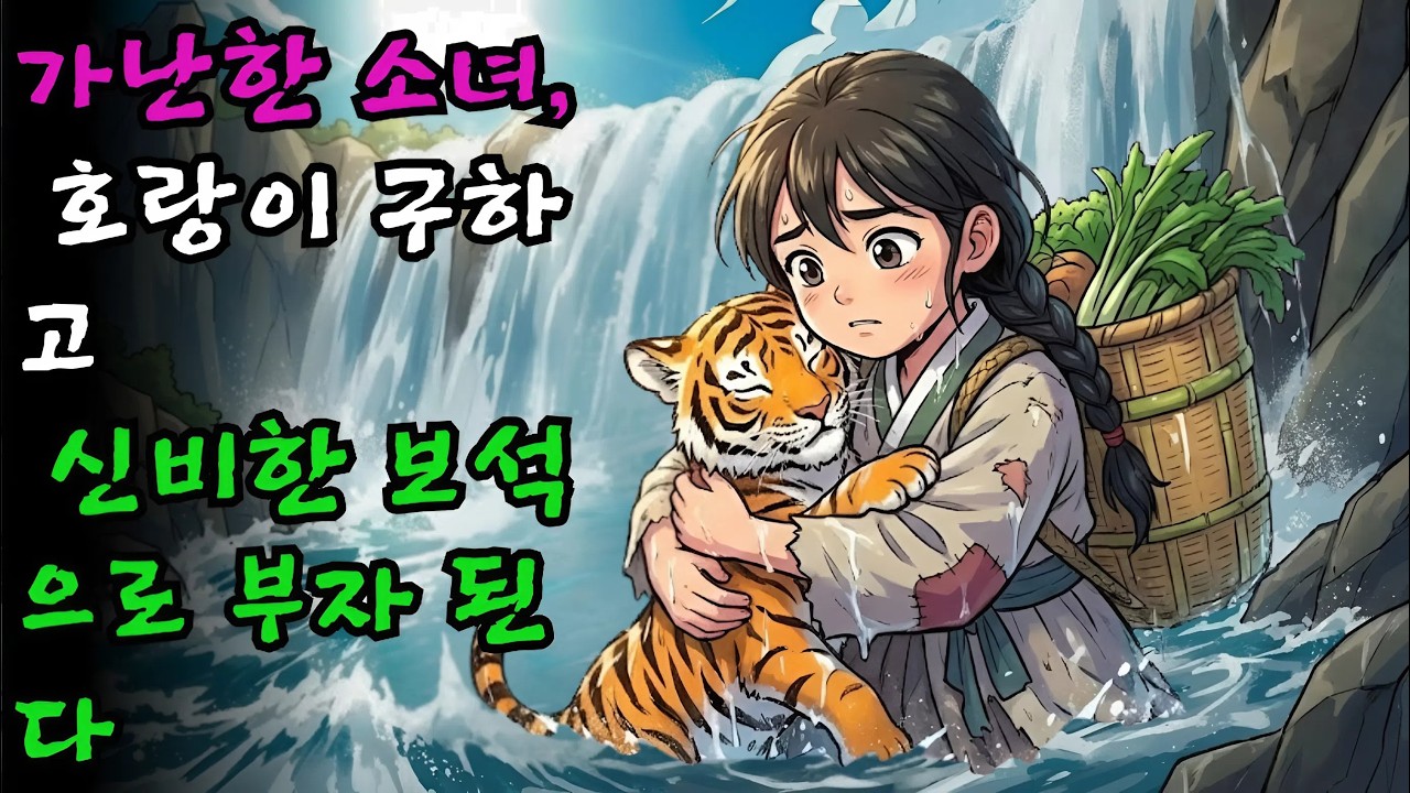 가난한 소녀가 목숨을 걸고 개울에 빠진 호랑이 새끼를 구했다.그 후 어떤 푸른 신비한 보석을 얻게 되었고, 모든 소원을 이루어 주어 그녀는 부자가 된다