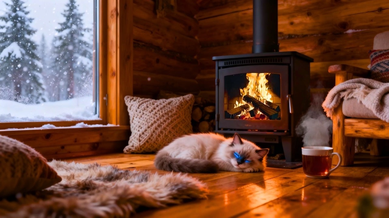 4K Cozy Winter Cabin ❄️ 10 Hours Warm Fireplace & Soft Piano for Deep Sleep (TV Ambience)