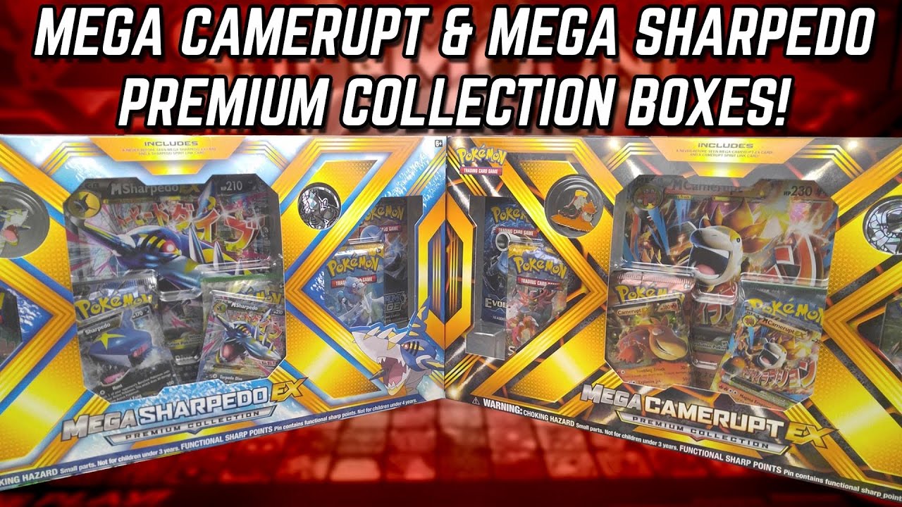 Opening BOTH Pokemon Mega Camerupt EX & Mega Sharpedo EX Premium Collection Boxes of Pokemon Cards!