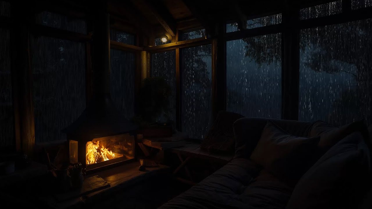 Warm Cabin Night Ambience and Relaxing Fireplace for Study and Sleeping