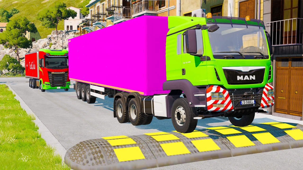TRUCKS, CARS, LONG BUS Vs MASSIVE SPEED BUMPS - BeamNG.Drive