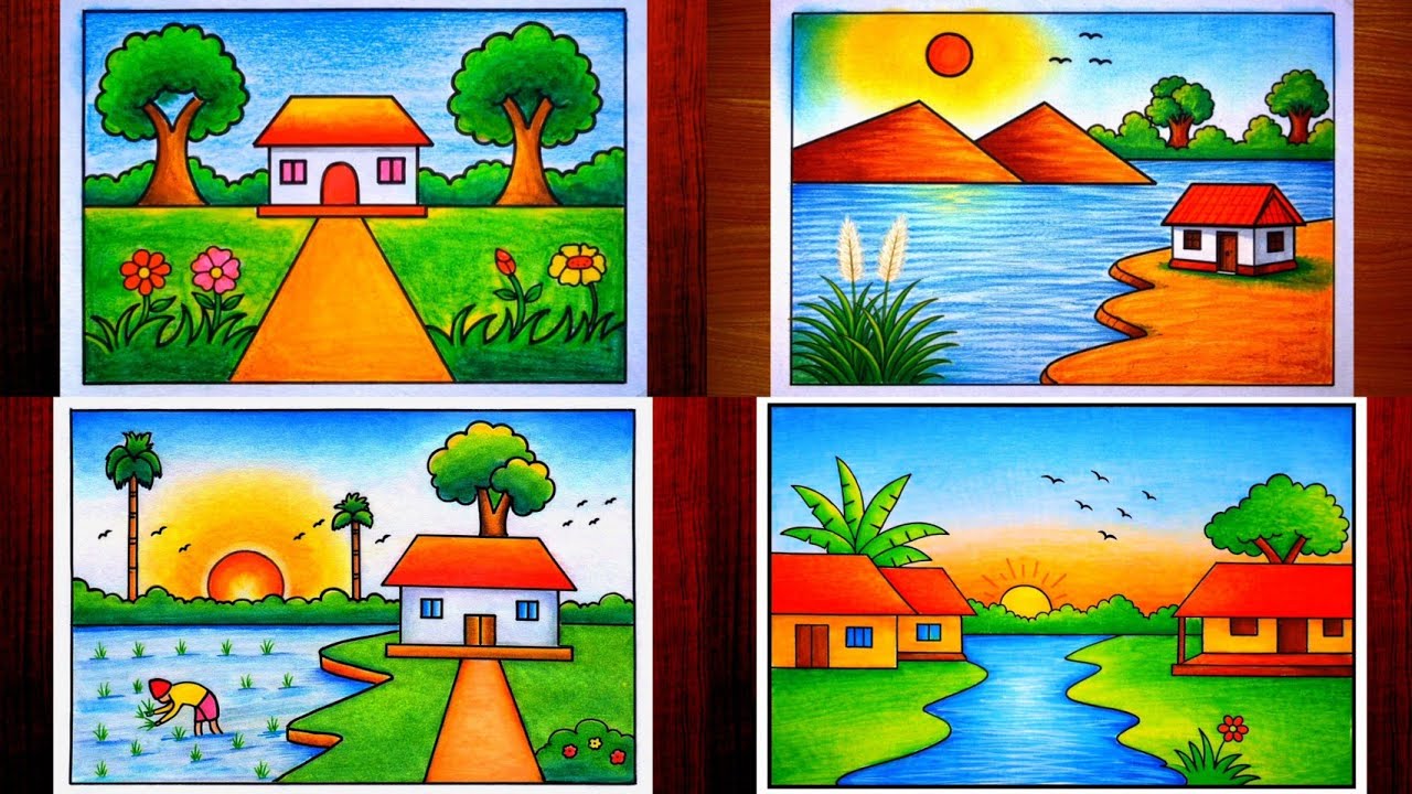 Nature scenery drawing for Beginners | Easy scenery drawing for competition |Village scenery drawing