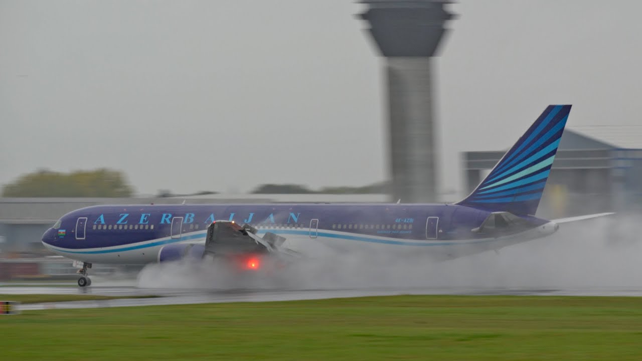 SPRAY!!! Azerbaijan Airlines B767-300 Very Wet Landing at Manchester Airport