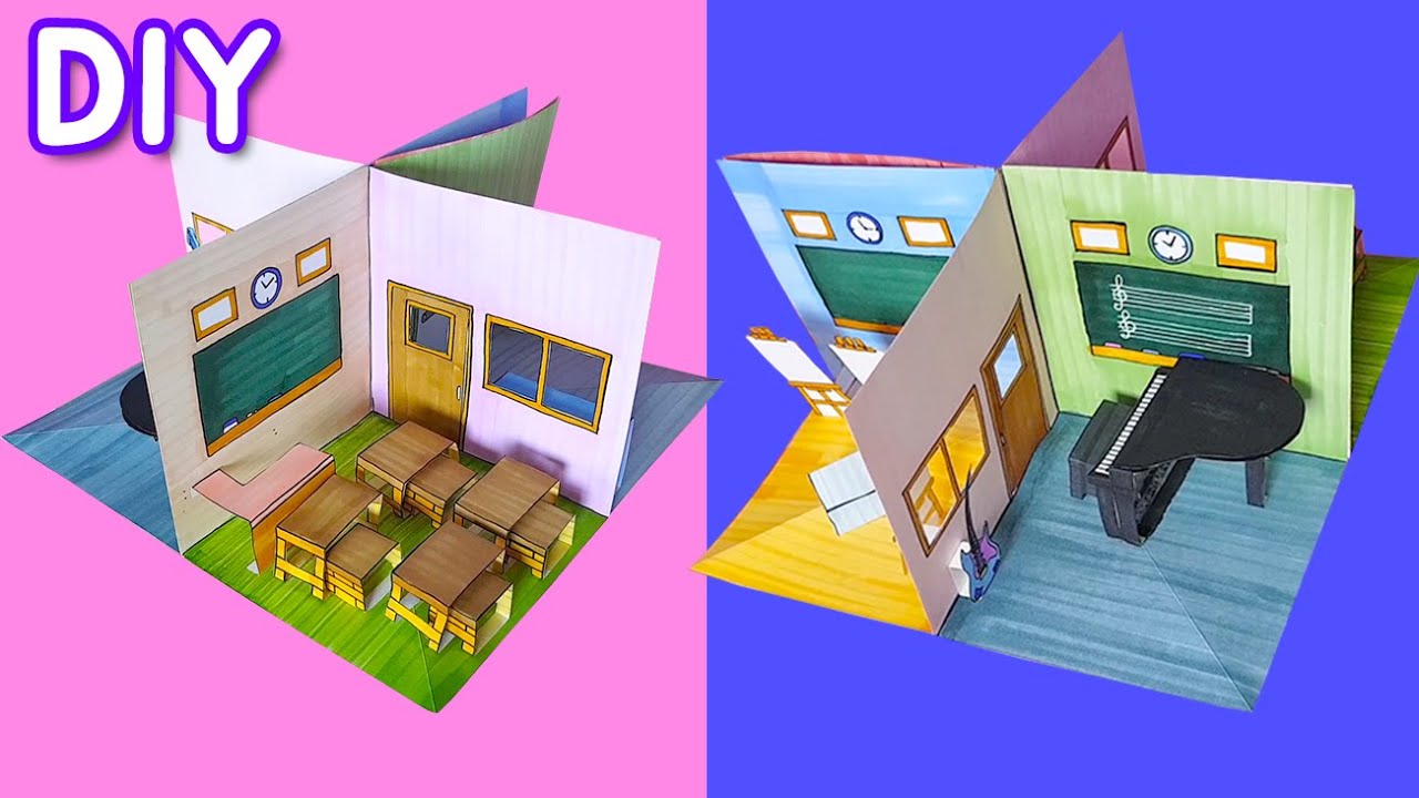 HOW TO MAKE SCHOOL PAPER  DOLL HOUSE POP UP HOUSE, CLASSROOM &MUSIC ROOM &ART ROOM