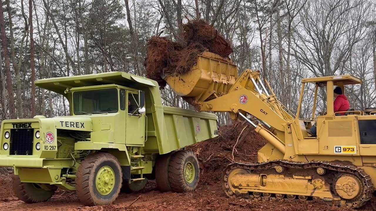 Monster Cat 973 Track Loader Rippin Stumps And Terex 3303B Haul Truck, Screaming Detroit Diesel 6-71