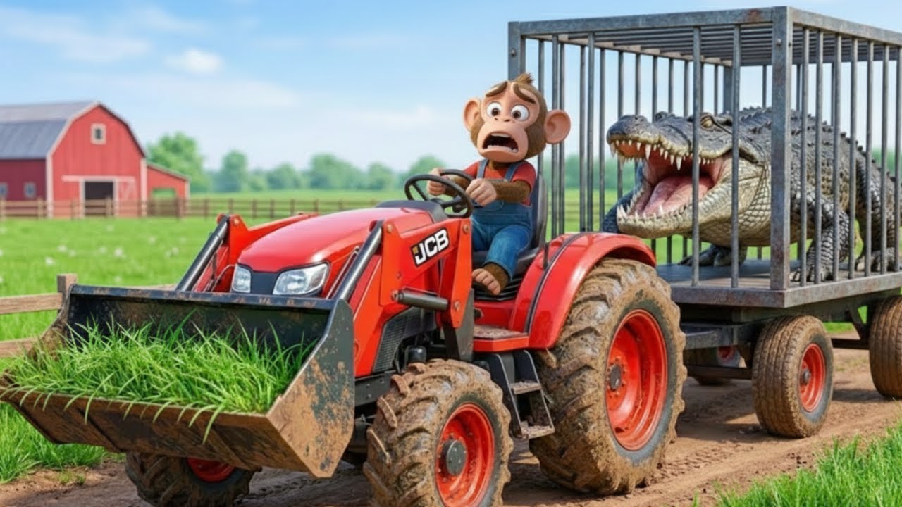 Sudden Crocodile Attack! Monkey Driving an Excavat