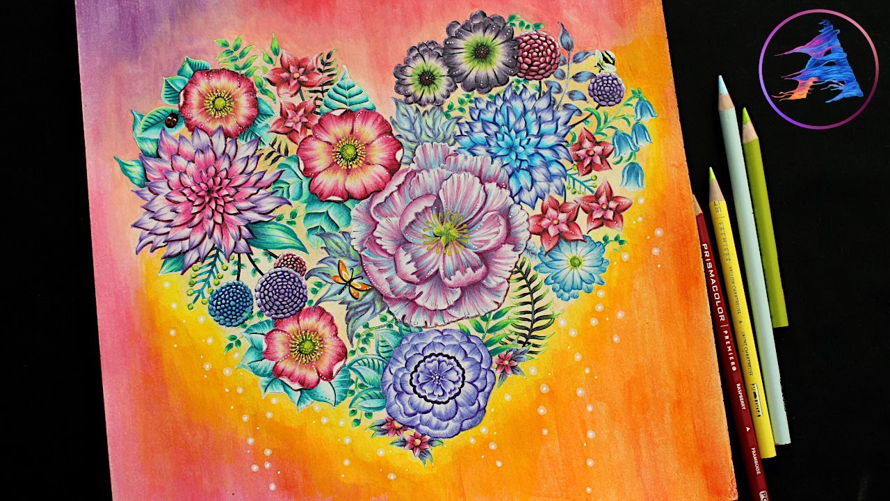 Coloring Heart | WORLD OF FLOWERS by Johanna Basford | Prismacolor pencils, watercolor paints