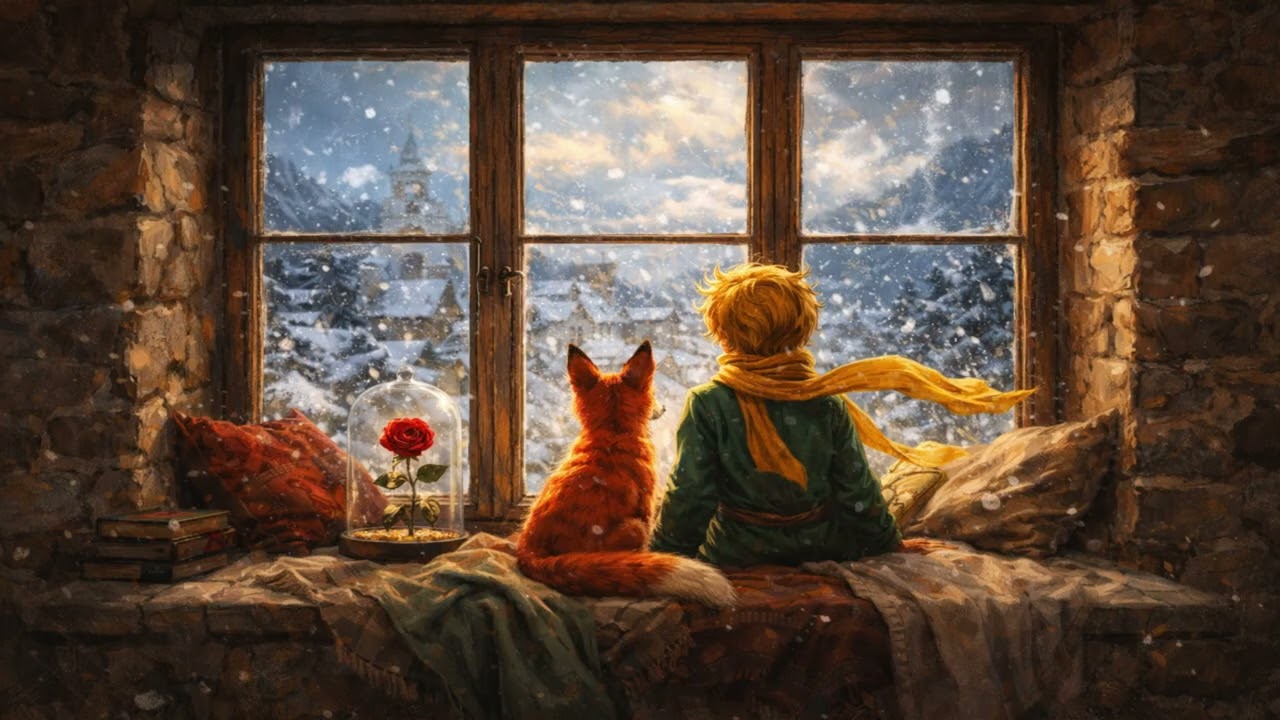 Little Prince Winter Window View ❄️ | Cozy Snowfall Ambience | Magical Storybook Wall Art 4K