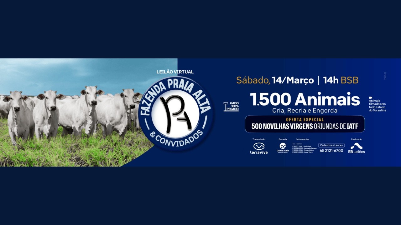 LEILÃO VIRTUAL FAZENDA PRAIA ALTA & CONVIDADOS | 14/03/2026 – 14H