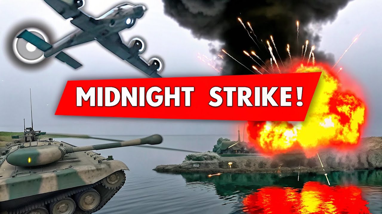 Explosions over a coastal fuel depot in Crimea, large fireballs and black smoke under the night sky.