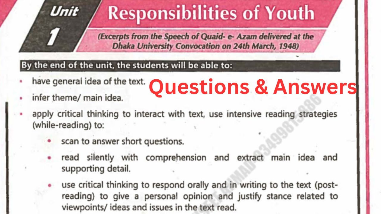 Responsibilities of Youth | Questions & Answers | 1st Year English KPK Textbook