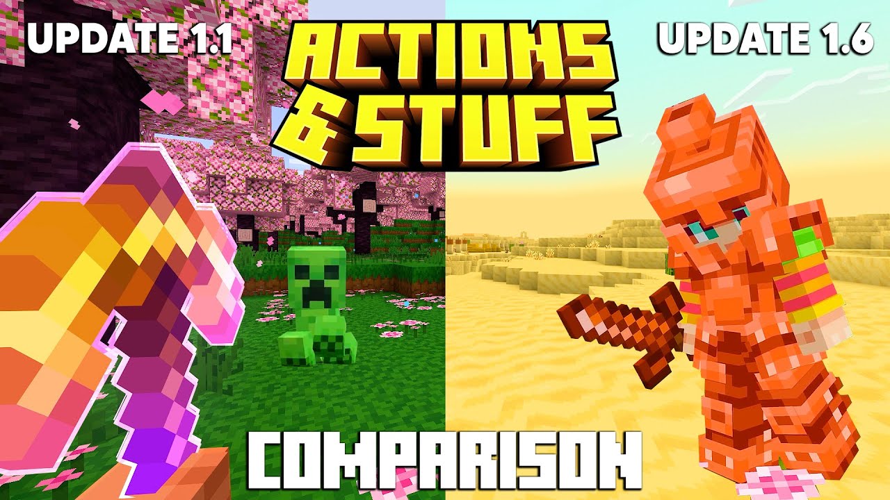 Сравнение анимированных трейлеров Actions & STUFF 1.6 в Minecraft Bedrock (медное обновление)