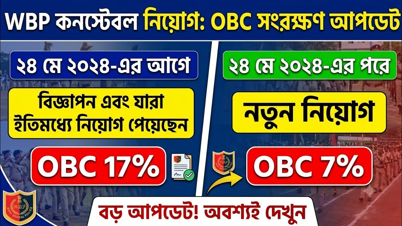24 may 2024 আগের সব নোটিফিকেশন OBC 17% নিয়ে হবে। WBP কনস্টেবল ওবিসি 17%