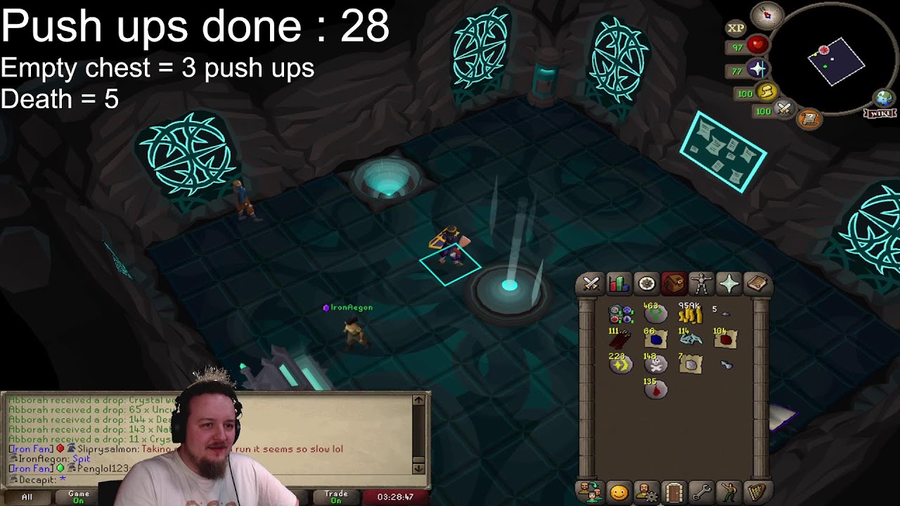 CG ironman grind, PUSH UPS if NO LOOT or bad. also horrible yaps