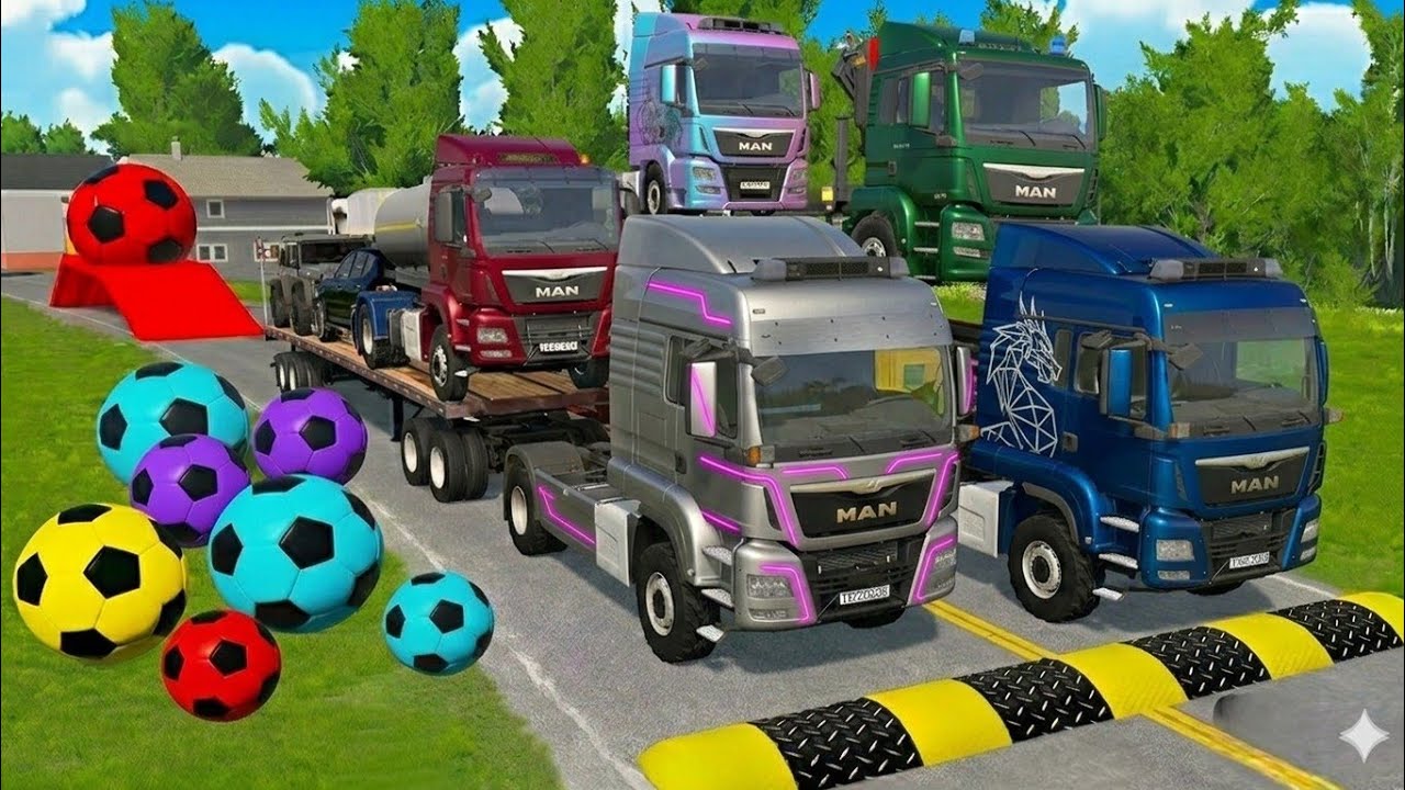 Double Flatbed Trailer McQueen Transportation with Truck Speedbumps vs Cars vs Train BeamNG #011