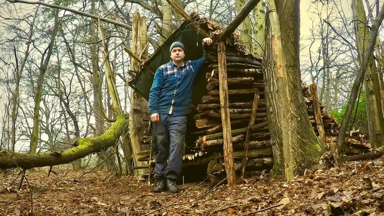 Building a Bushcraft Lean-to Shelter with a Raised Bed from Start to Finish using Hand Tools
