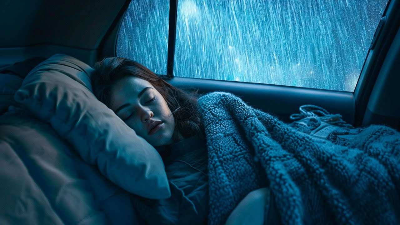 Cure Sleep Difficulties with Heavy Rain & Powerful Thunder on Cozy Car in Rainforest at Night