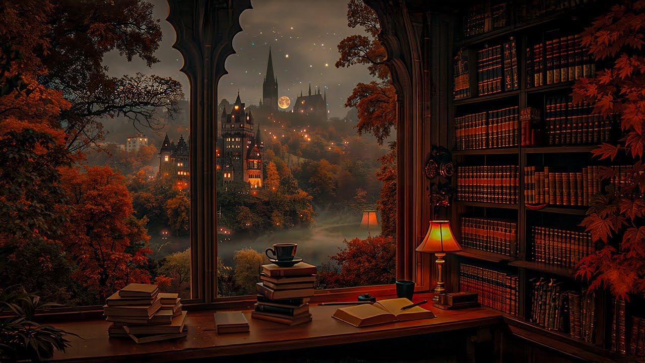 Writing by the Gothic Window with Warm Lamp Light | Dark Academia Piano & Strings for Studying Alone
