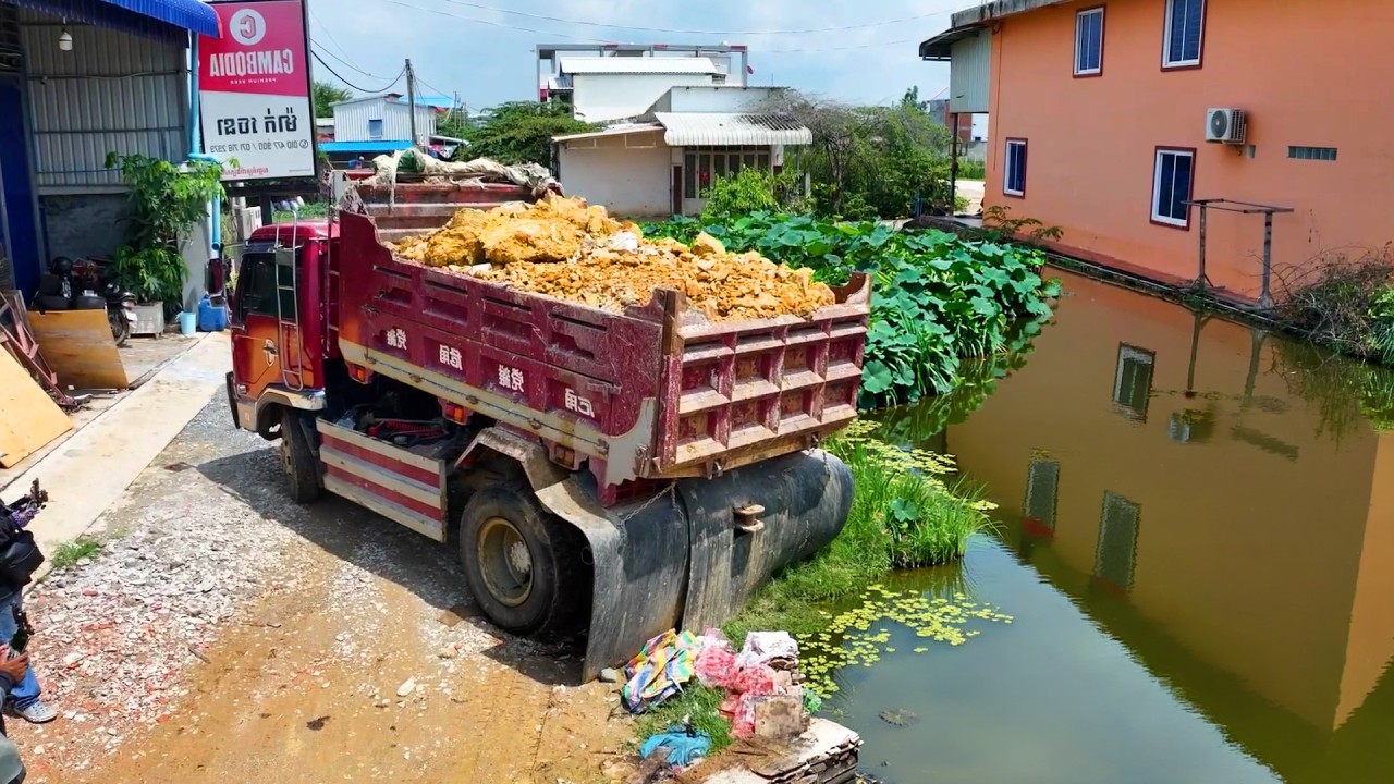 O.M.G !! incredible landfill build house project , truck 5Ton transport soil , bulldozer push soil