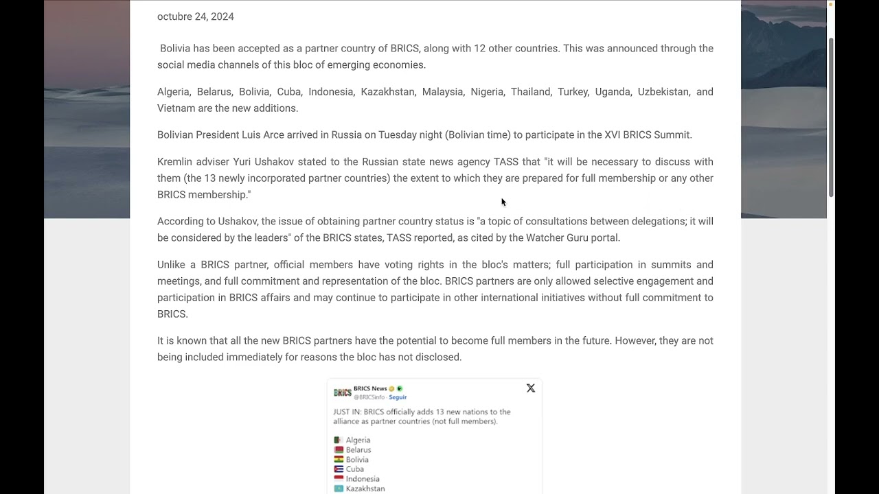 Bolivia is accepted as a partner country of BRICS