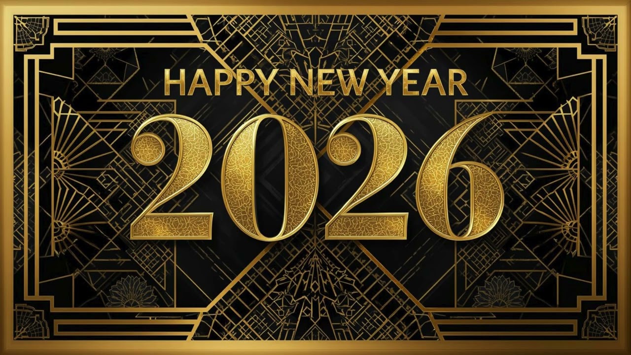 Happy New Year 2026 Art Deco Framed TV Art | Black & Gold Luxury Ambient Screensaver