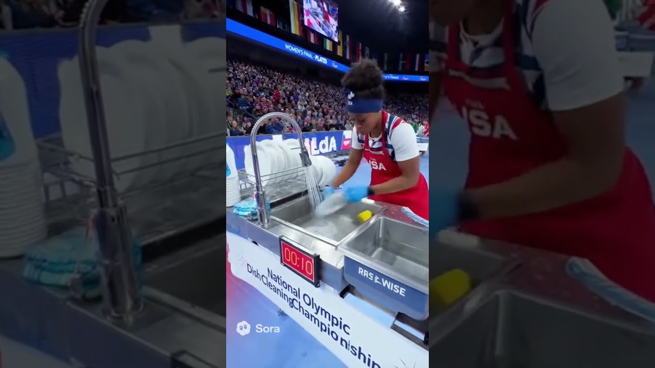 Woman competes in a olympic dish washing competition 😭😭 #shorts #olympics #aivideo
