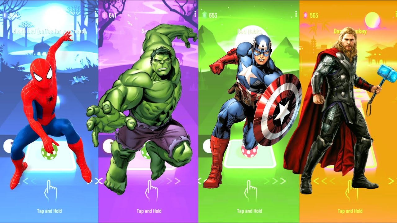 Spiderman 🆚 Hulk 🆚 Captain America 🆚 Thor | Marvel Heroes | Tiles Hop Fun Ball