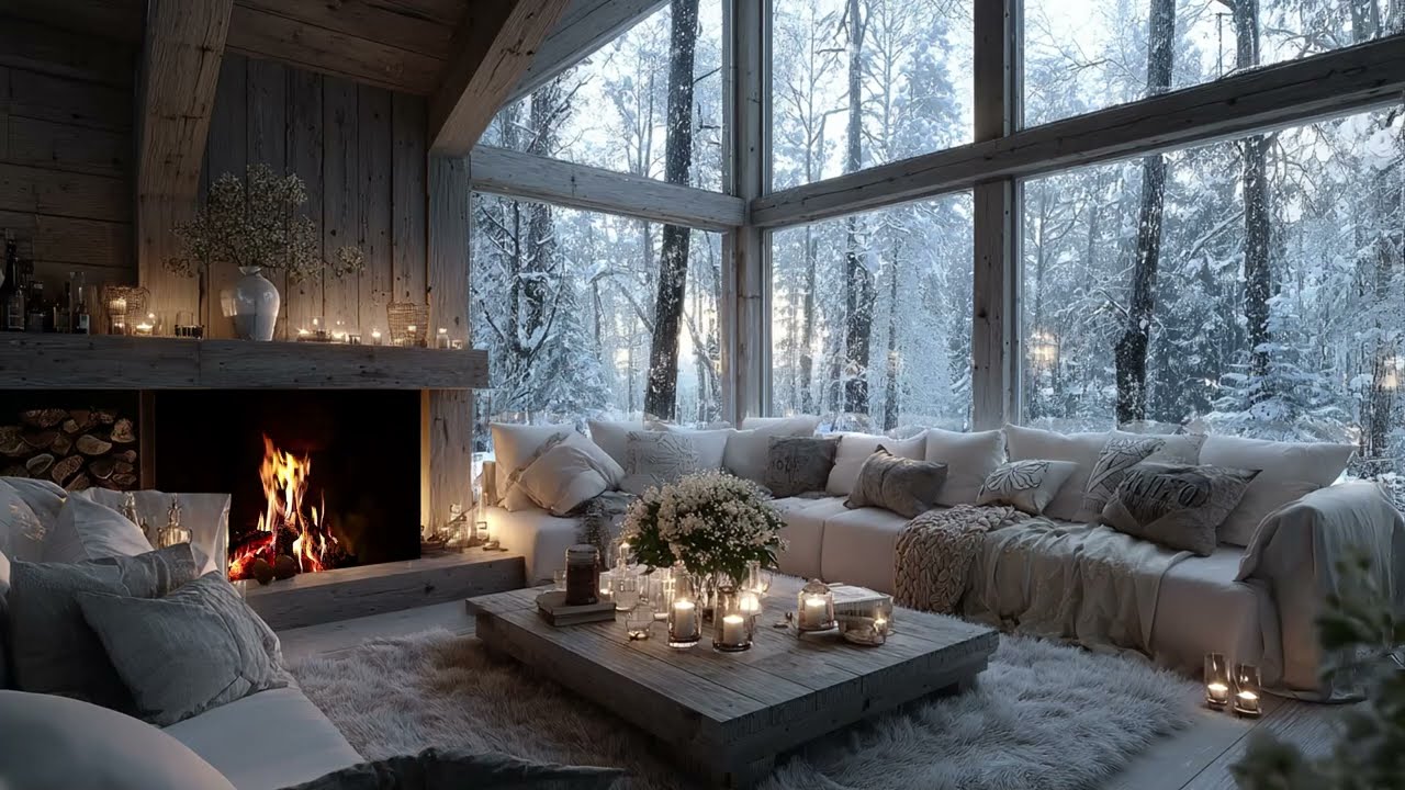 Snowy Forest Cabin Ambience: Peaceful Piano Music and Crackling Fire for a Cozy Afternoon