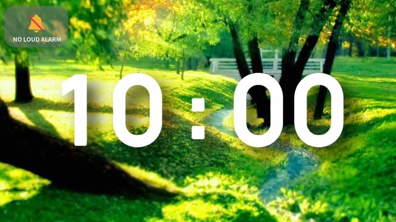 10 Minute Timer with Music | Calm Relaxing Ambient Soft Stream Park Atmosphere | NO LOUD ALARM