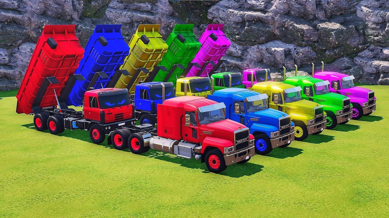Garage with colors - ALL TRUCK WITH DOBLE FLATBED TRAILER TRUCK, VOLVO, MACK, KAMAZ, INTERNATIONAL