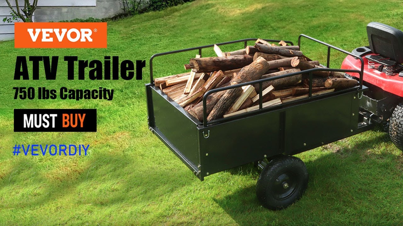VEVOR Heavy Duty ATV Trailer Steel Dump Cart, 750-Pound for Riding Lawn Mower Tractor