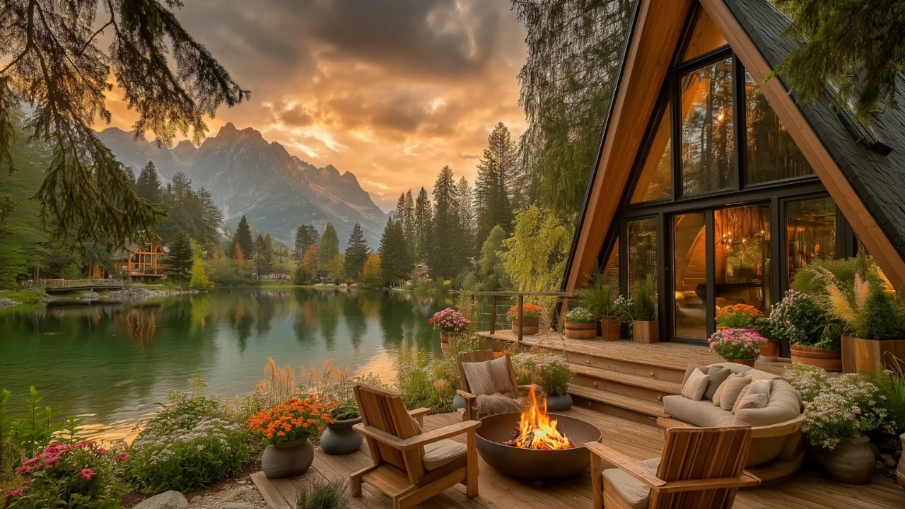 Beautiful Spring Lakeside Cabin |🌸 Mountain Sunset Nature Scenery | Peaceful Spring Relaxing Sounds
