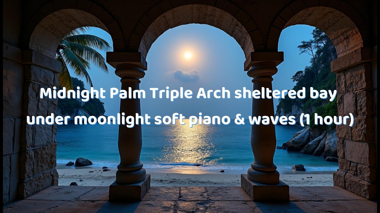 Midnight Palm Triple Arch — sheltered bay under moonlight soft piano & waves (1 hour)