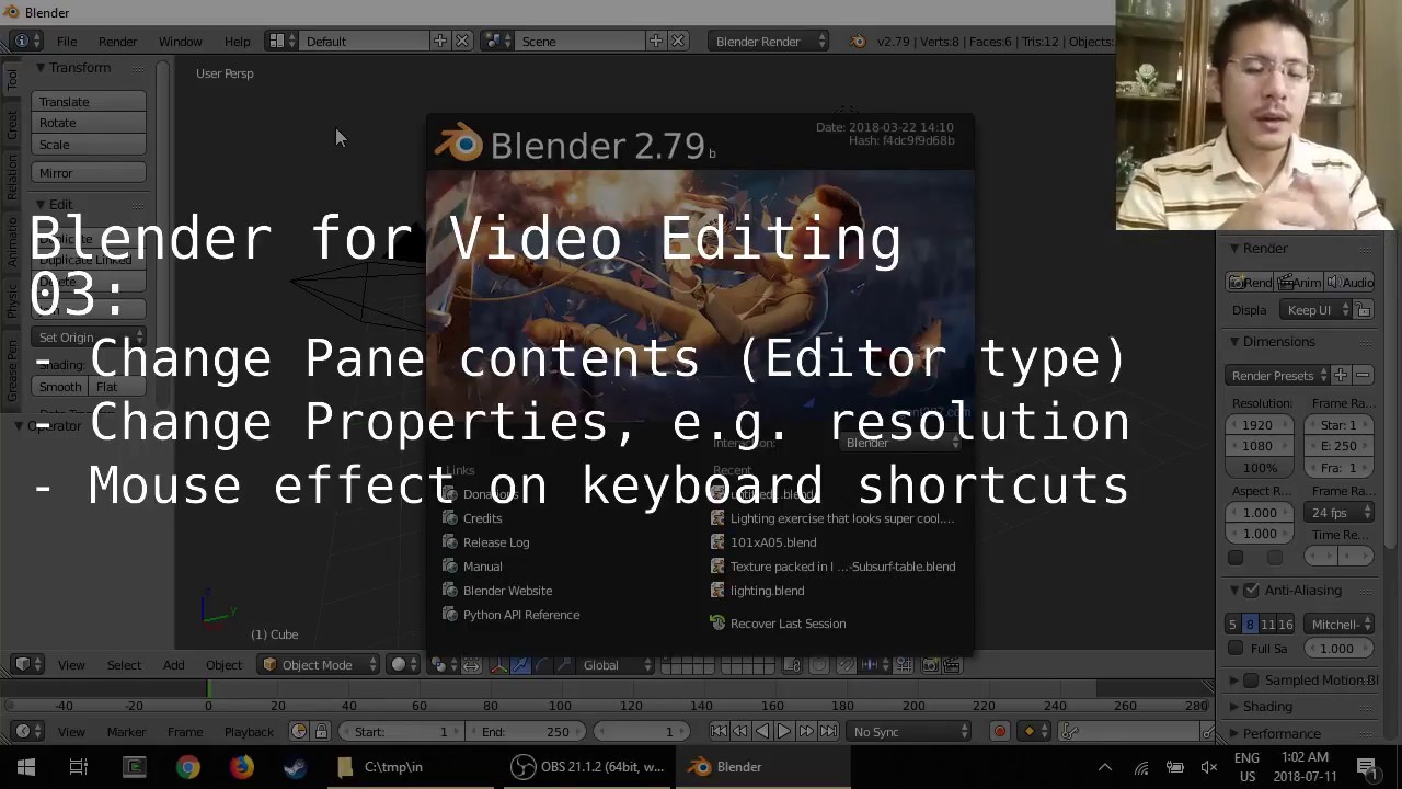 Changing pane contents & setting video dimensions in Blender's Video Sequence Editor (03)