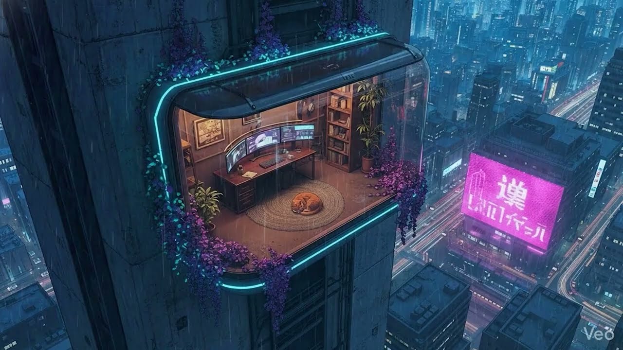 Calm Beats from your Home Above the Neon City | Rainy Night Chill for Study & Sleep