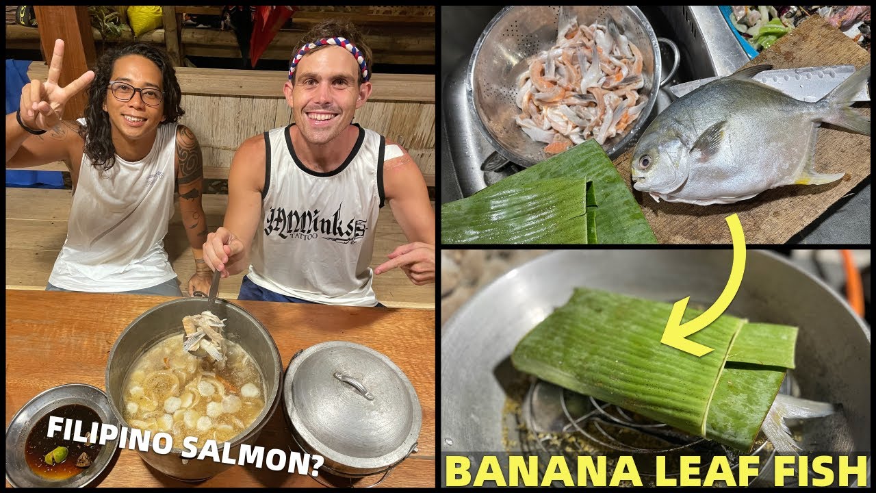 FILIPINO BANANA LEAF COOKING - Steamed Fish and Sinigang Salmon Soup (Davao Beach Land)