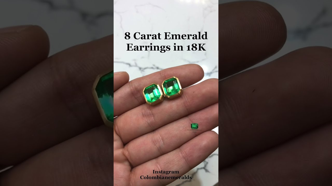 Large Statement 8 Carat Bezel Set Colombian emerald Stud Earrings in 18K Matte Finish