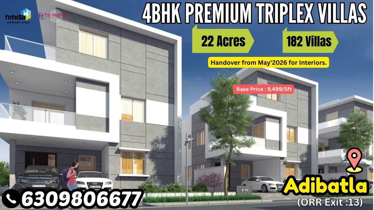 HMDA & RERA Approved || 4BHK Premium Triplex Villas || 22 Acres || 182 Villas || Adibatla ,Hyderabad