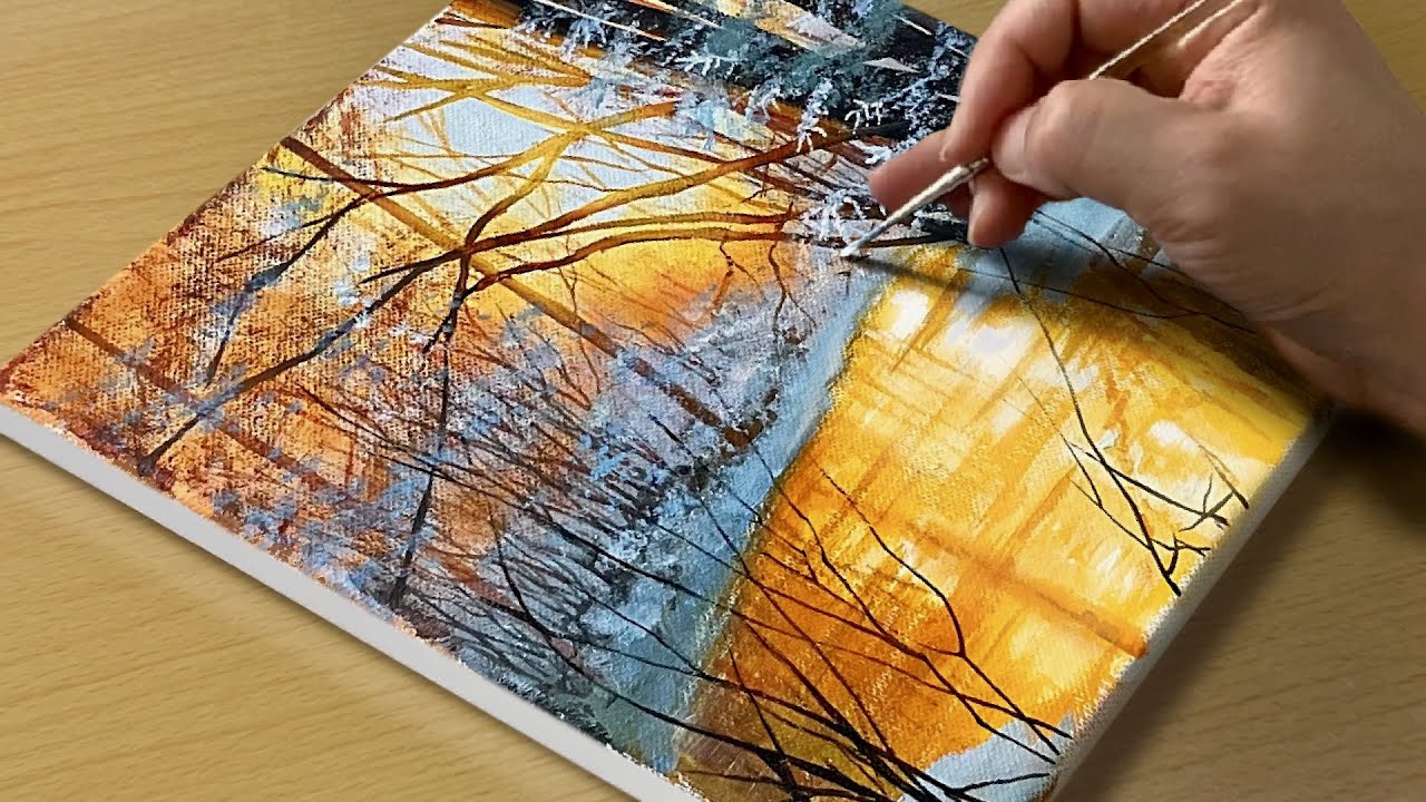 Painting a Sunset Winter Forest / Acrylic Painting for Beginners