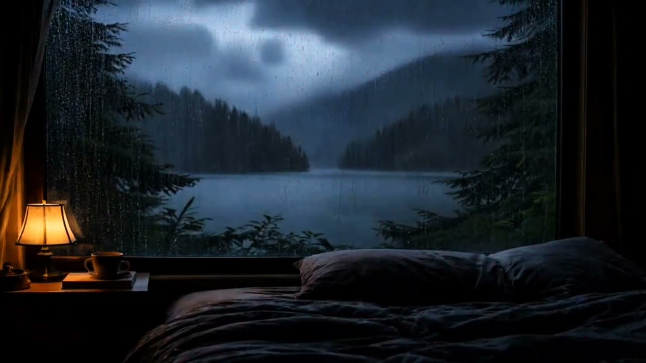 Heavy Rain Night Ambience by the Lake | Dark Bedroom POV, Deep Sleep & Stress Relief